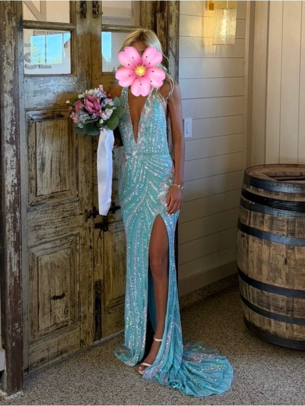 Aqua Sequin Plunge Prom Gown with High Slit